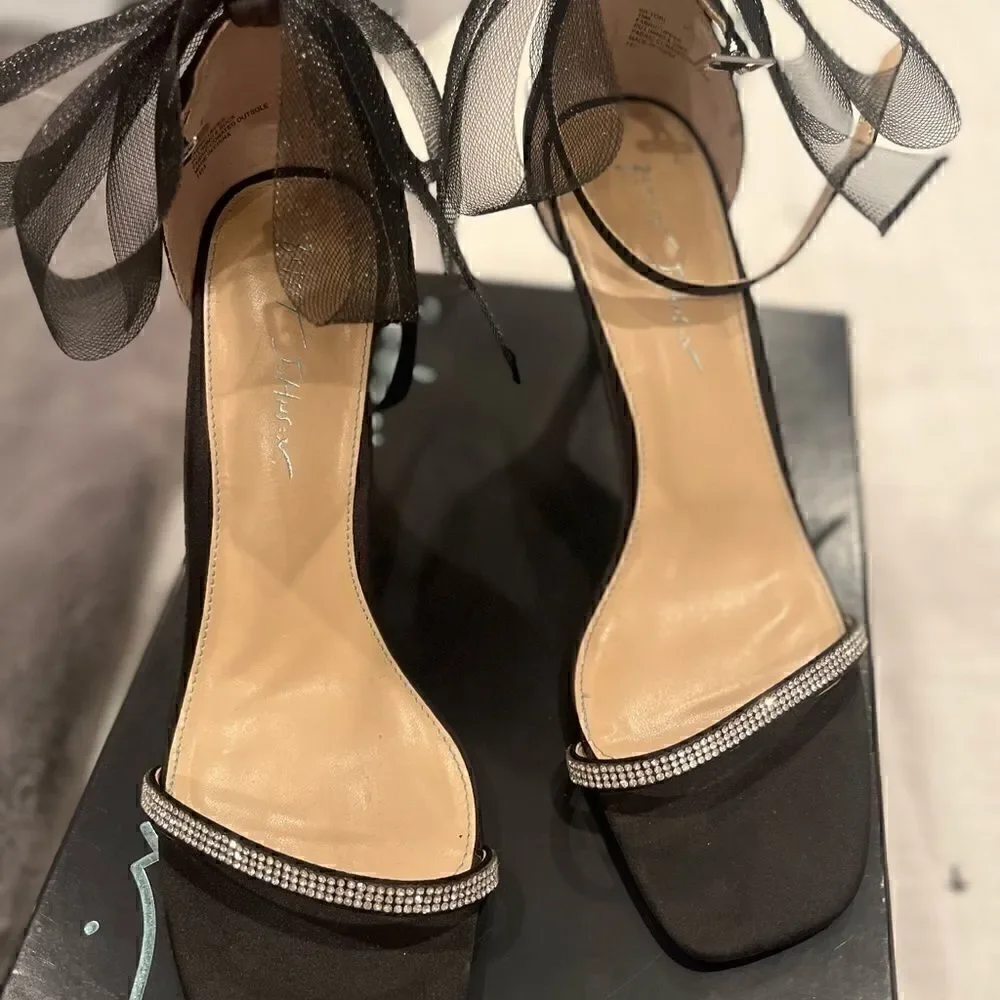 Betsy Johnson SB-Tori Black Satin Rhinestone Bow Ankle Strap
